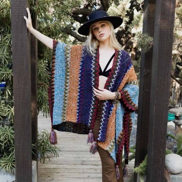 Colorful Crochet Patterned Ruana in Indigo - Picture 2 of 14